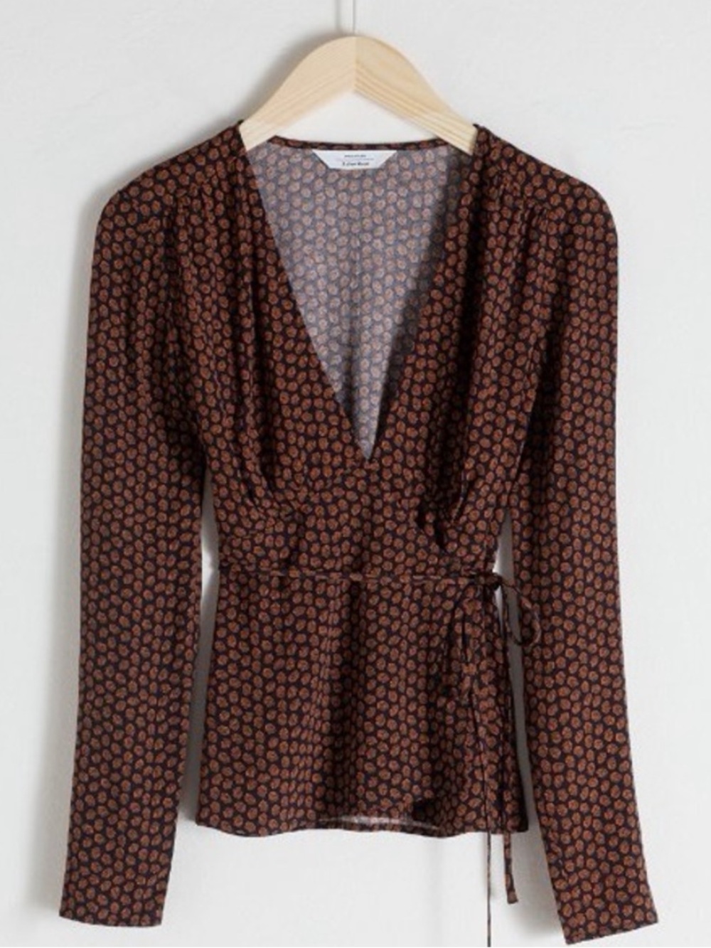 & other stories Squiggle Print Wrap Blouse Long Sleeves V-Neck Navy Orange Sz 2